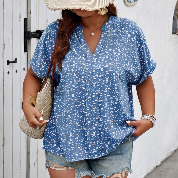 Floral Print V Neck Short Sleeve Blouse - Picture 3 of 4